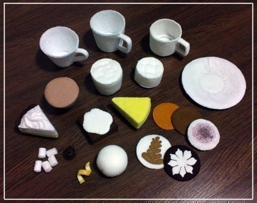 Cafe Felt Patterns - Cafe Mocha, Latte, Cappuccino, Lemon Meringue Pie, Cheesecake, Brownie (Patterns and Instructions Email)
