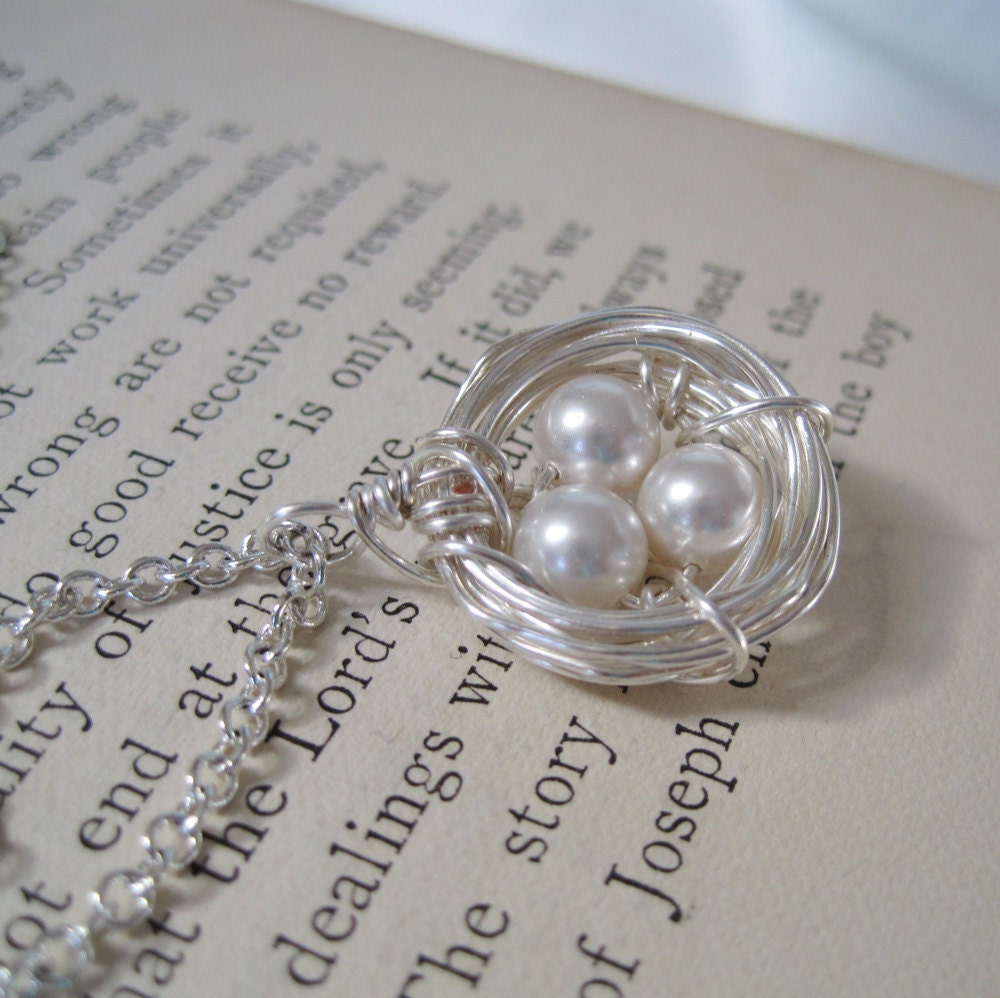Bird's Nest Necklace Silver Wire Wrap Nest Necklace White Pearl