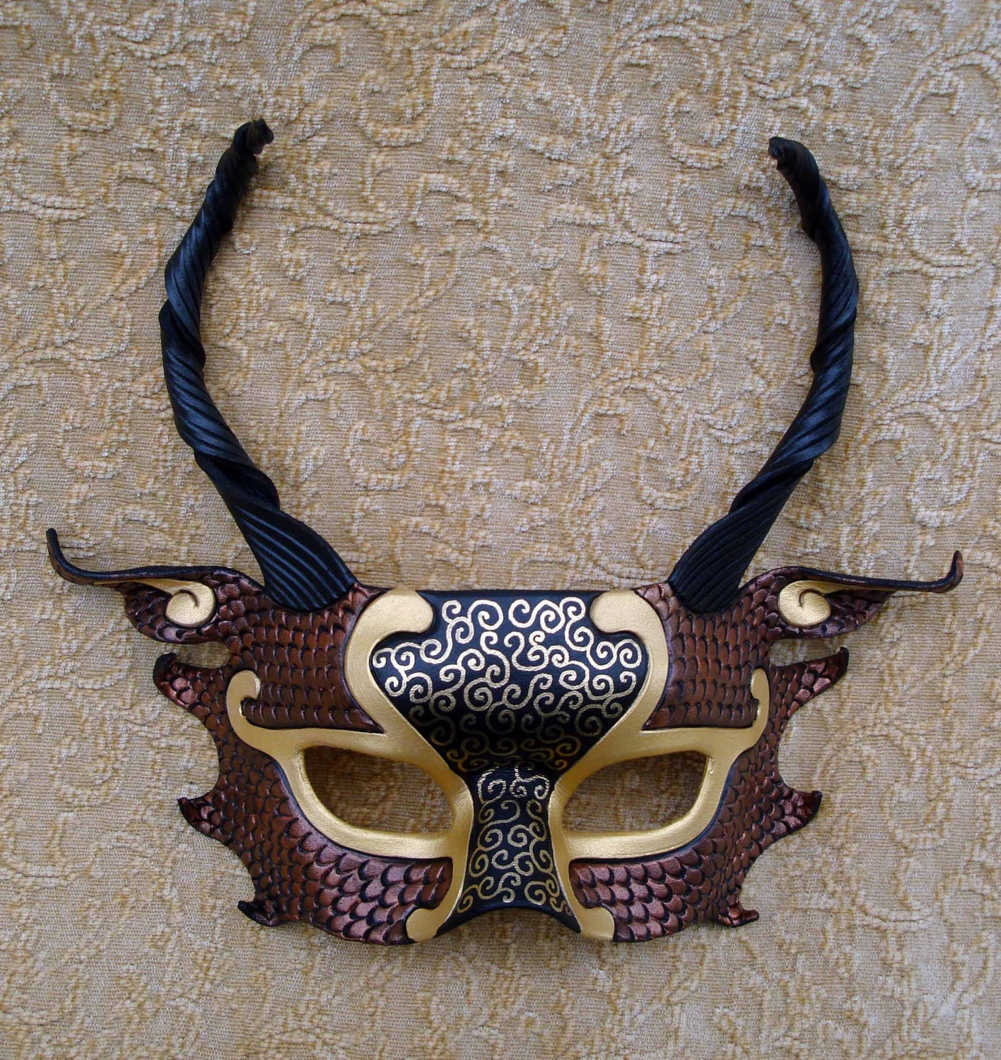 Black, Gold and Copper Dragon Half Mask... handmade leather mask