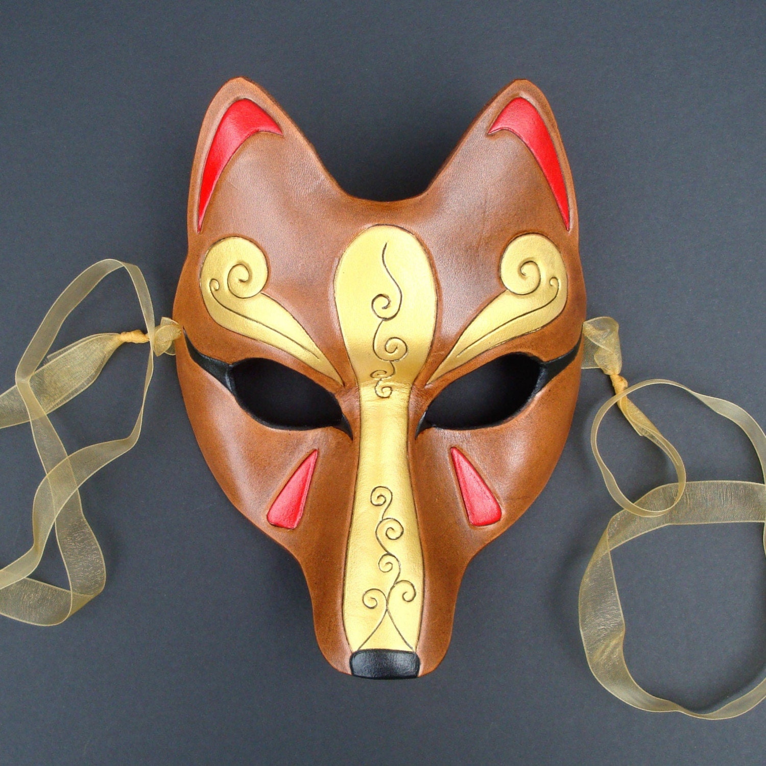 Brown and Gold Kitsune Mask...Handmade Leather Japanese Fox Mask