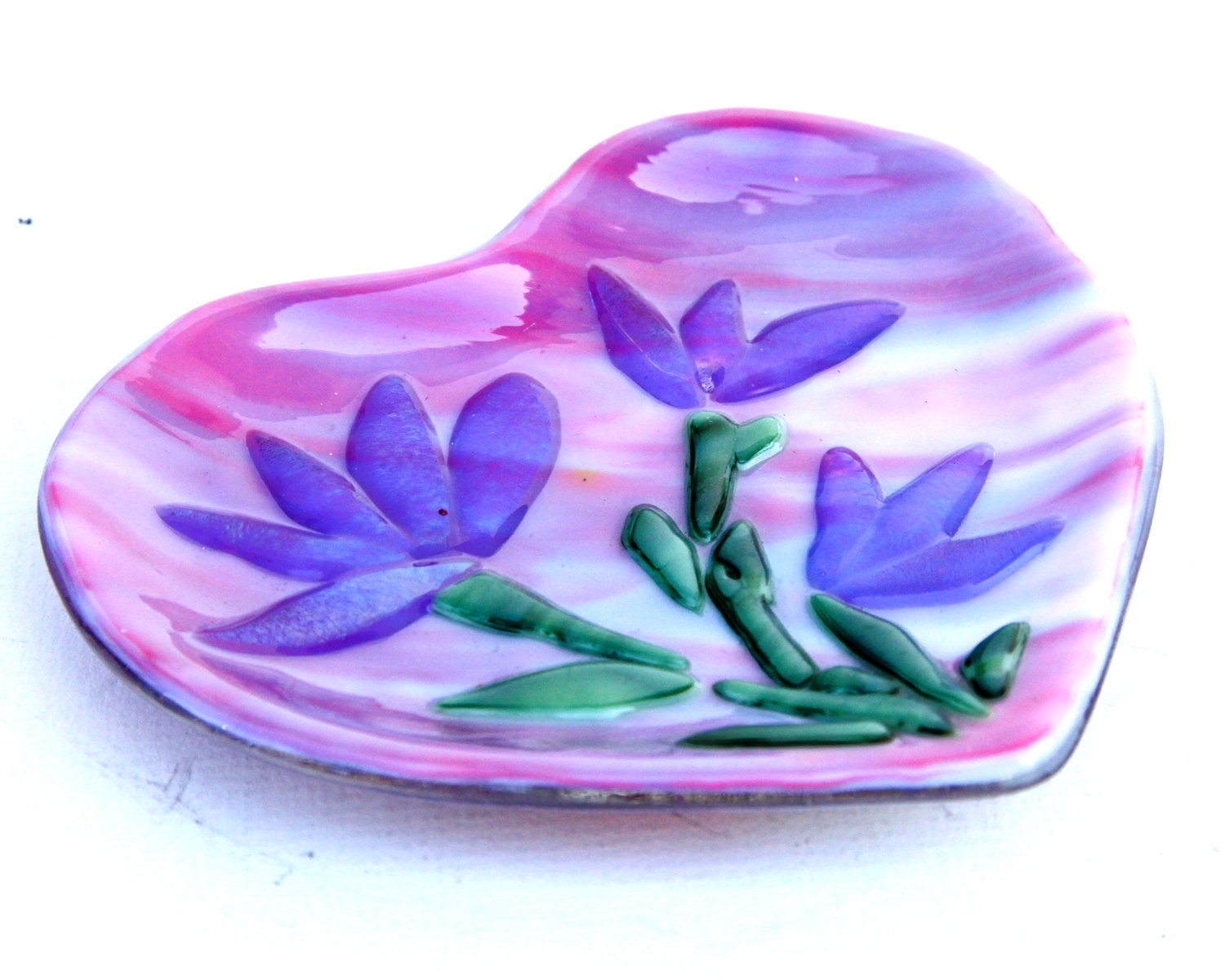 Pink and Purple Fused Glass Heart with Flowers Candy Dish