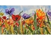 Colorful Poppy Field, Watercolor Collage, Home Decor, Wall Art, Abstract,