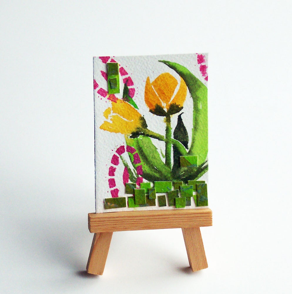 Tiny Art, Abstract Yellow Flowers Collage, Original ACEO