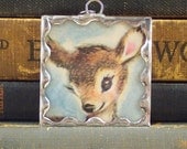 Soldered Glass Pendant Charm Deer Fawn with Vintage Illustration