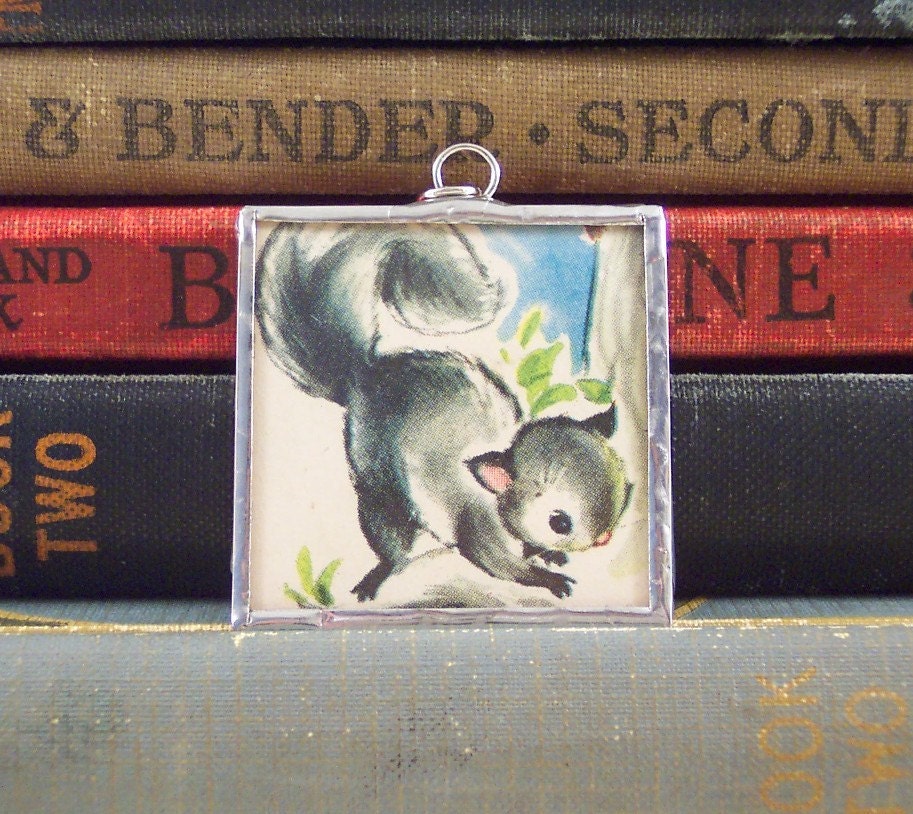 Soldered Glass Pendant Charm Gray Squirrel with Vintage Illustration