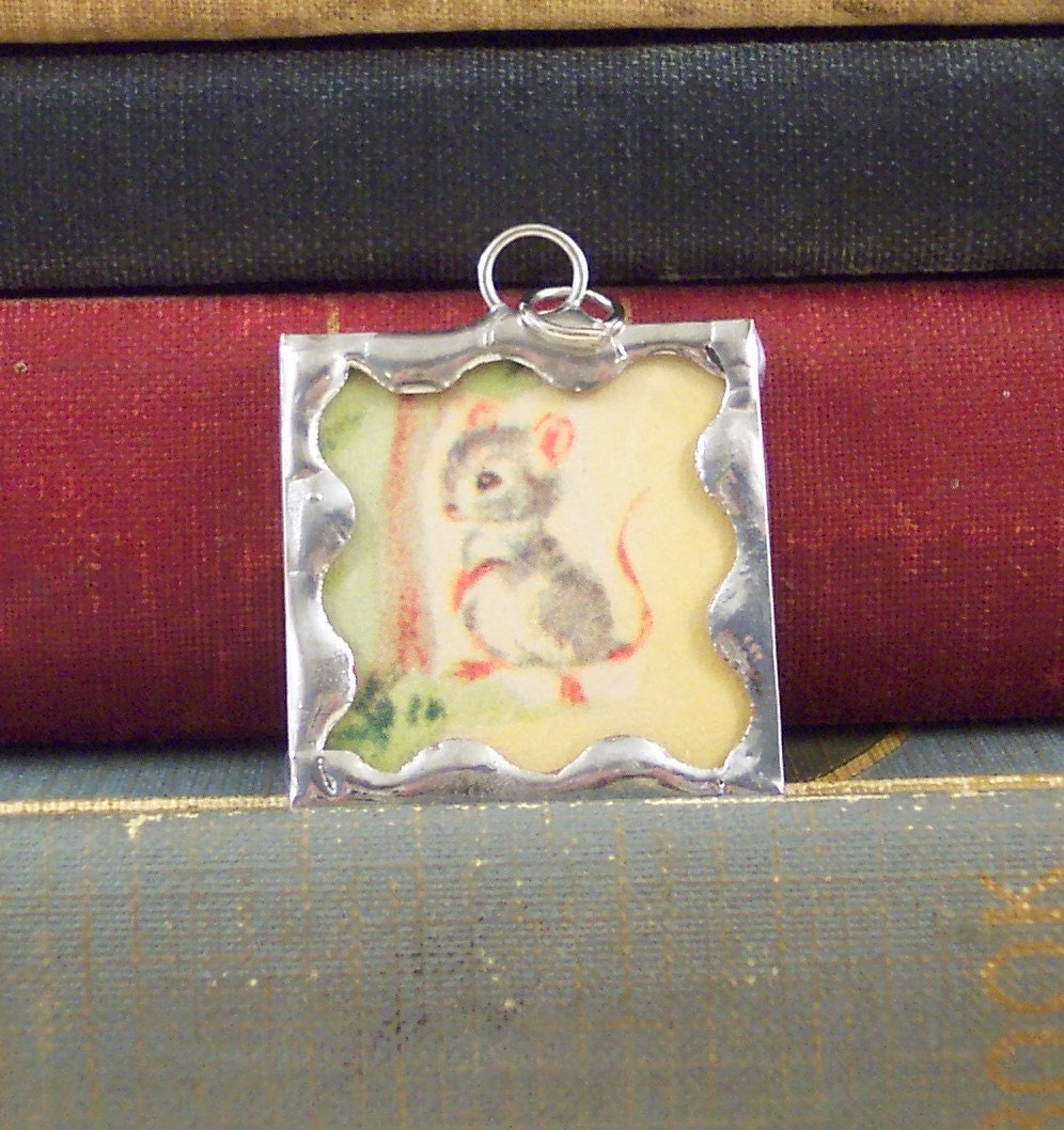Soldered Glass Charm Pendant Tiny Mouse with Vintage Illustration