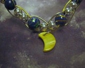 Blue and Gold Planet Swirl with Silver Beads and Yellow Crescent Moon Charm Crown Tiara Headpiece Diadem