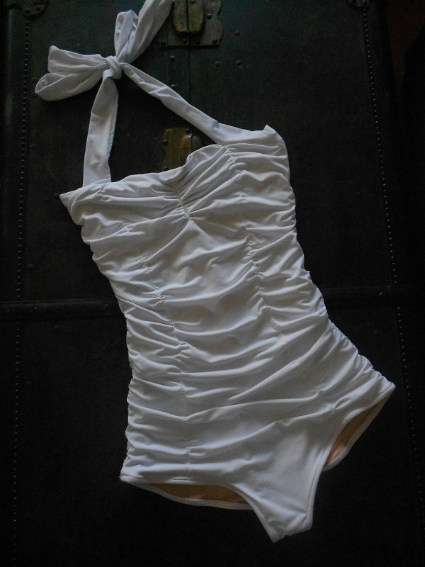 White retro rouched one piece swimsuit made to order