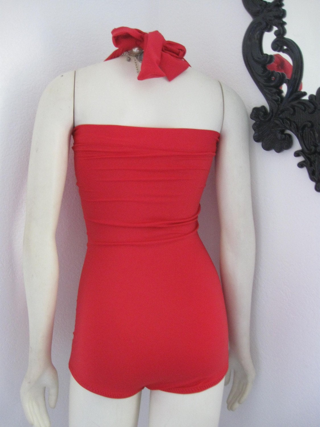 Red Retro Pin Up Halter Swimsuit One Piece maillot Made to Order