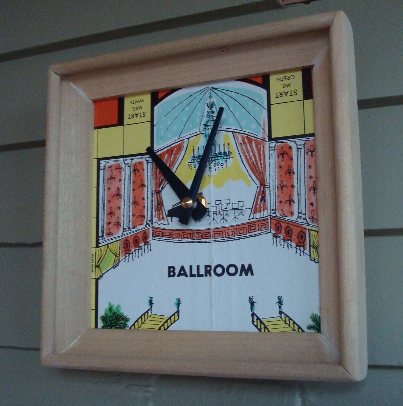 Wall Clock Recycled Clue Game Board and Scrabble Racks Ballroom