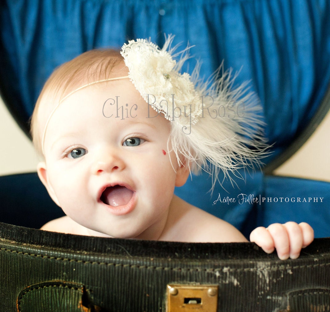 Lace Rosette and Feather Fascinator Clip or Band by Chic Baby Rose