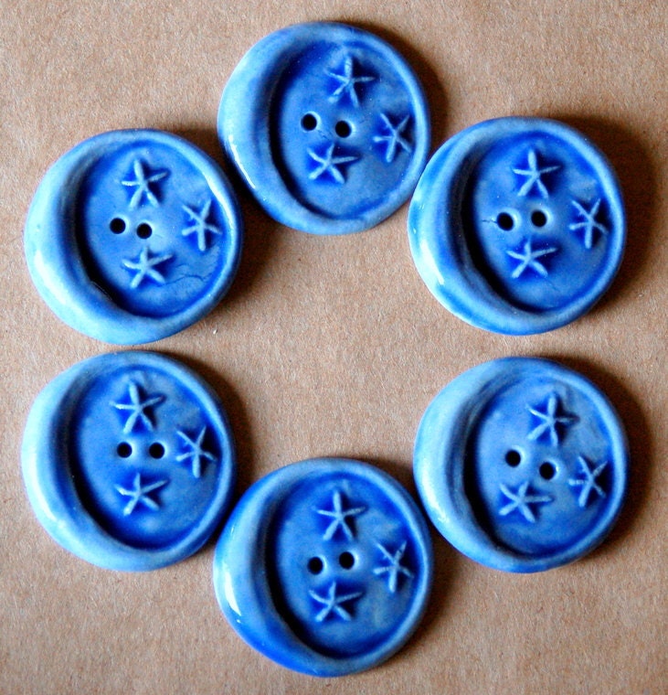 6 Moon Buttons -  Ceramic Buttons - Rich Blue Porcelain Buttons