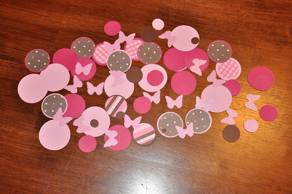 Confetti. Dots. Minis. Butterfly. Glitter. Neapolitan.  Features brown, pinks, and white. 125 Pieces