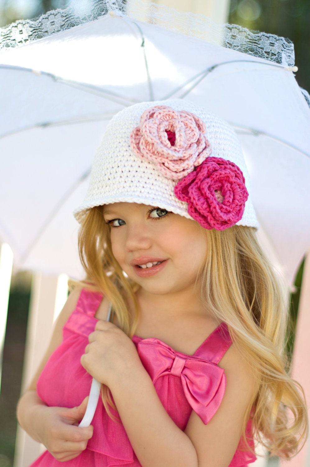 Crocheted Cloche Hat "The Emma Rose" White, Hot Pink, Pastel Pink Bucket Hat Choose your Size/Colors