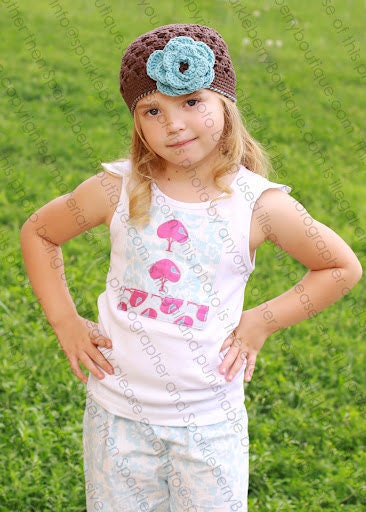 THE BRINLEE Crocheted Beanie Chocolate/Soft Teal  Newborn - Teens Summer Flower Photo Prop Infant Toddler