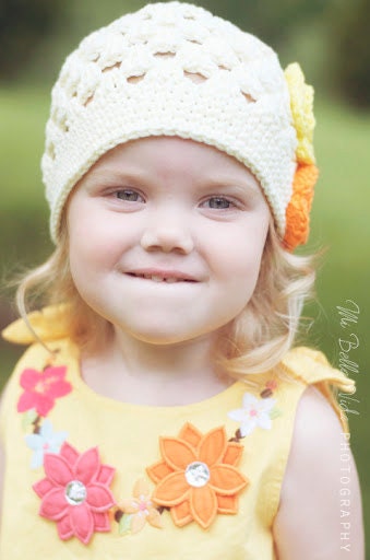 Crocheted Beanie Hat "The Sonny" Ivory Sunshine Hot Orange Spring Summer Cap Bright Flowers