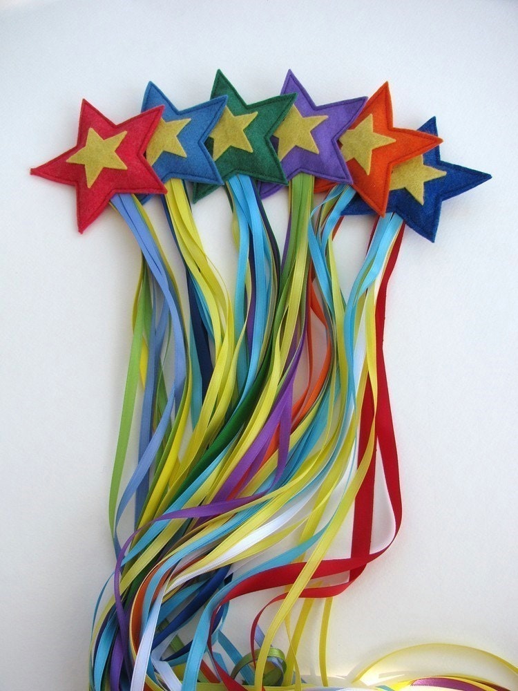 Three Shooting Stars -- Wool and ribbon toys for throwing, chasing and catching