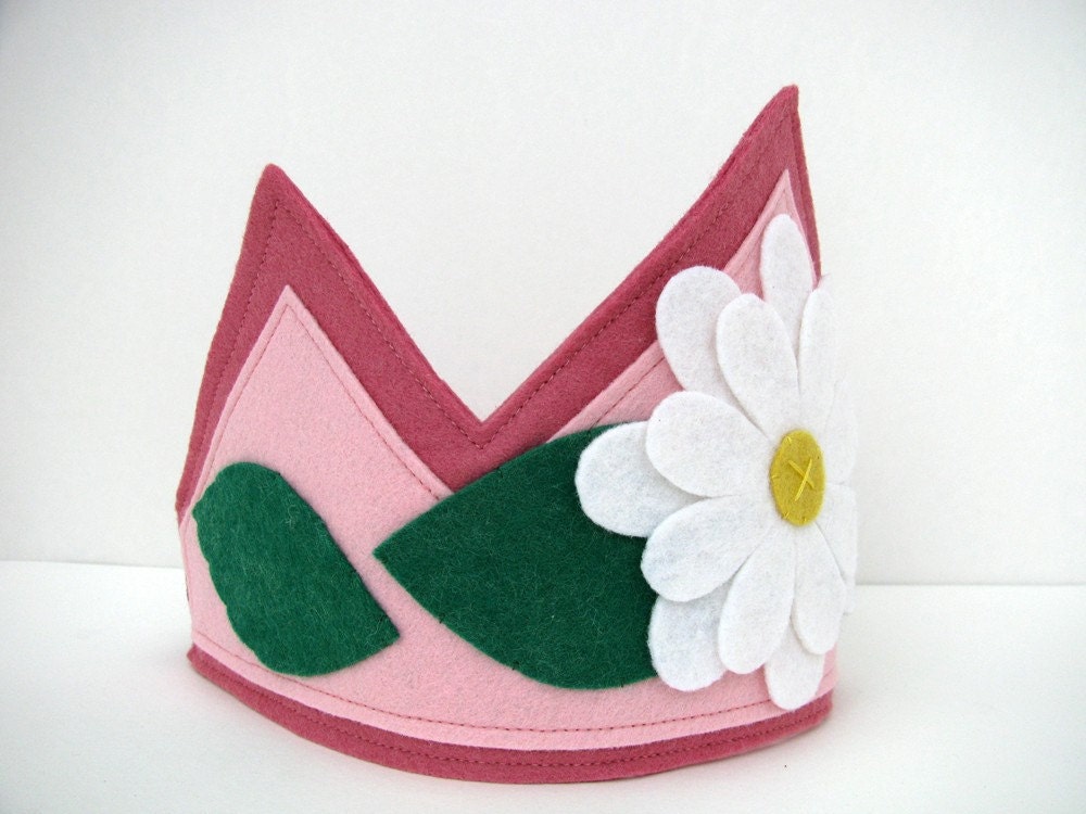 Wool Felt Crown --pink with white flower
