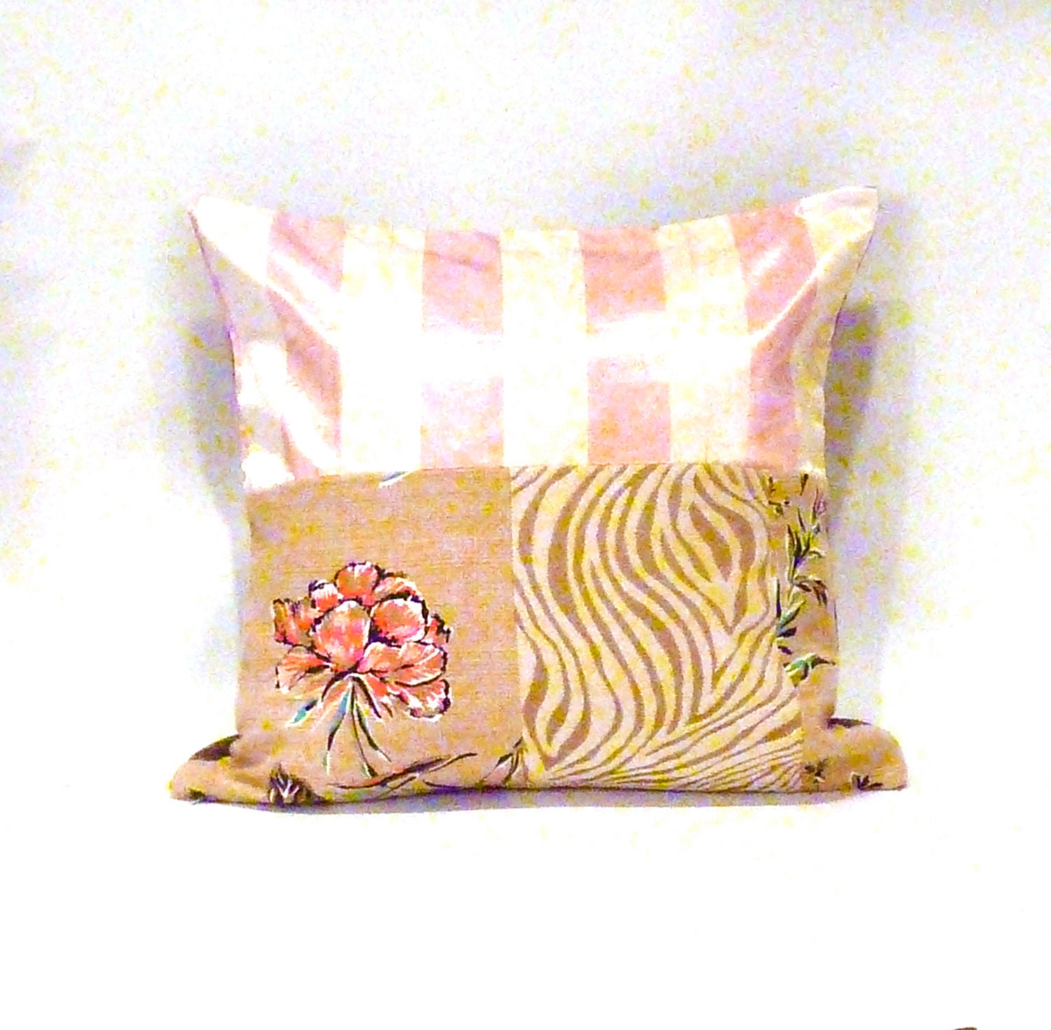 Pink Floral Barkcloth Boho Patchwork Pillow