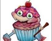 killer cupcake w smile, sprinkles, bloody axe n meat cleaver 1.25 inch button pin badge