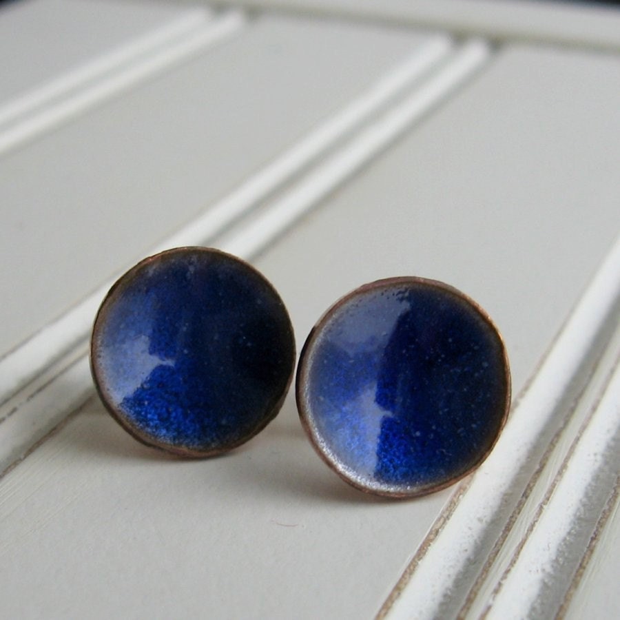Dark Blue Post Earrings - medium stud - Handmade Dark Shimmering Blue Enamel on Copper Post Earrings