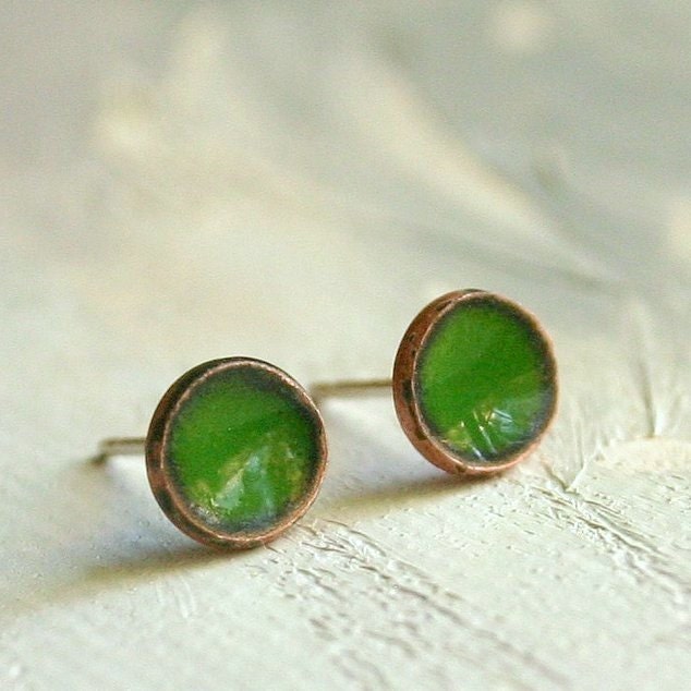 Green Enamel Earrings - Fresh Cut Green Enamel on Copper jewelry SMALL