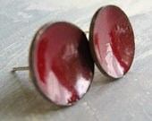 Cranberry Glass - Deep Red Enamel on Copper Post Earrings - Large