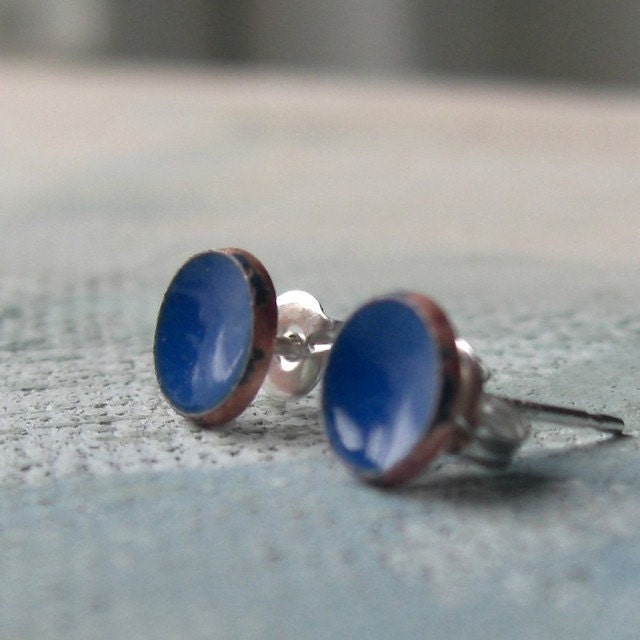 Cobalt Blue - Small Post Earrings - handmade dark Parisian blue enamel and copper concave dish earrings with sterling silver stud