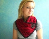 Red Handknit Scarf. Chunky Scarflette with Twisted Cables. Charcoal Gray Crochet Trim and Big Button.