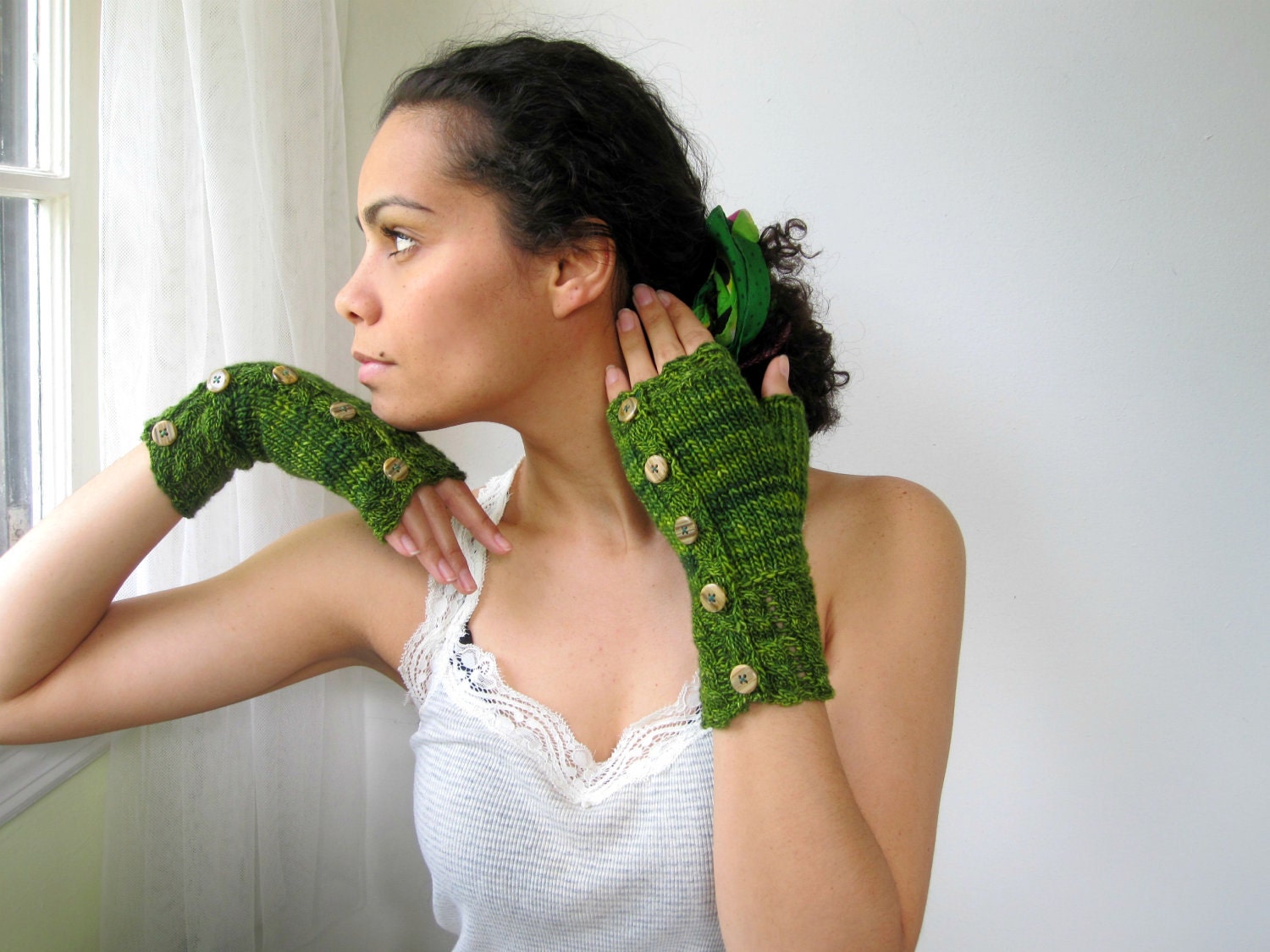 Fine Moss and Grass Green Fingerless Gloves. Hand-Dyed Merino Wool. Luxury Lace and Cables - KerreraSkye