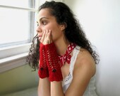 Lacy Scarlet Red Gloves. Handknit, Fingerless. Black Button and Bow. Unique and Chic. - KerreraSkye