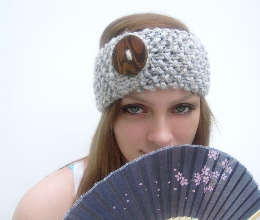 Handknit Headband with Faux Wood Button - Choose Your Color