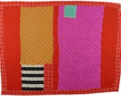4.26.2012 small art quilt, contemporary, abstract, cotton, linen, rayon, silk, red, neon pink, orange, black and white stripes