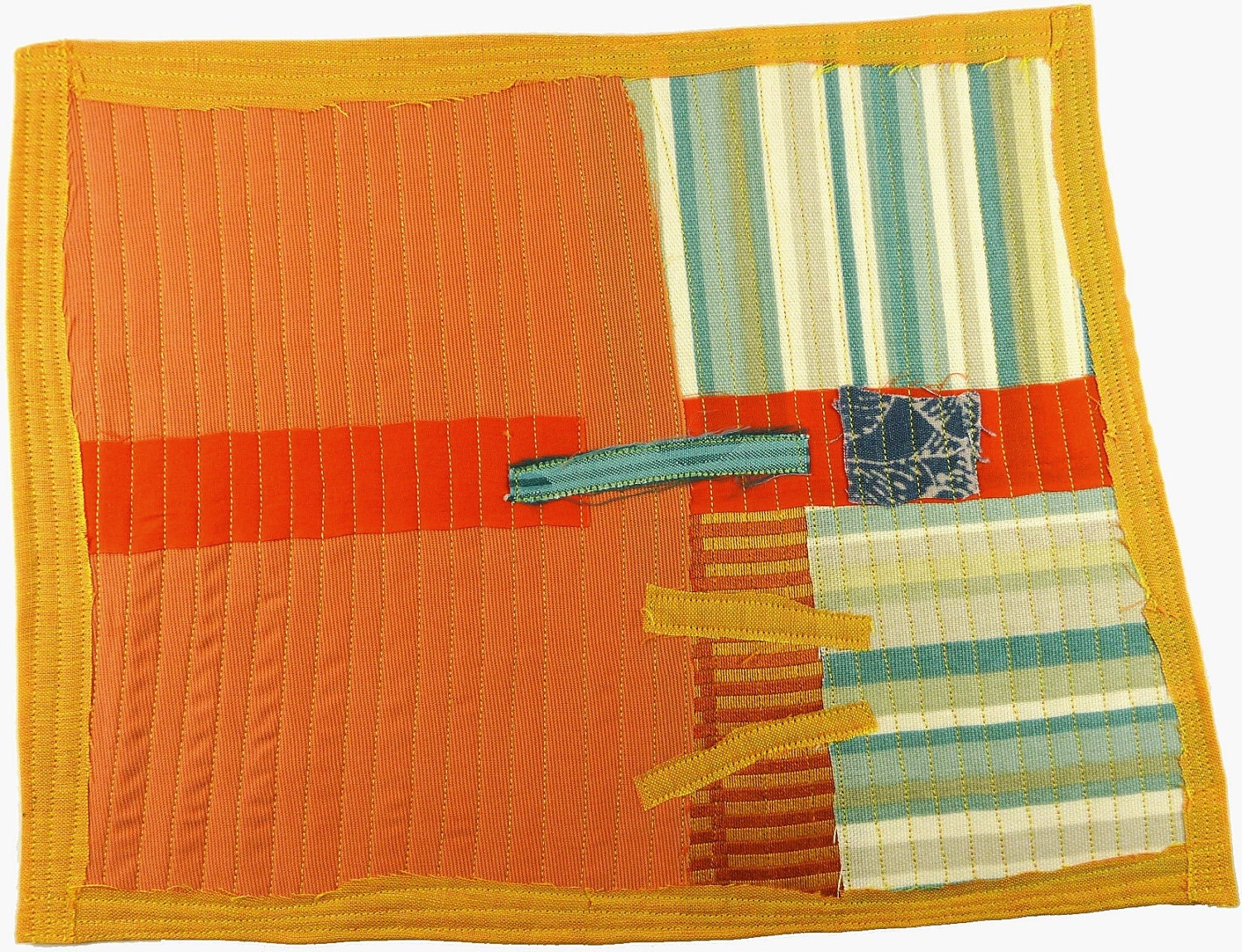 5.16.2012 small art quilt, contemporary, abstract, orange, yellow, aqua, beige, grey, off-white, stripes