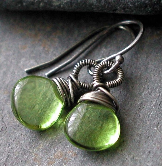 Lime Green Quartz Sterling Silver Wrapped Dangle Earrings - Sprout