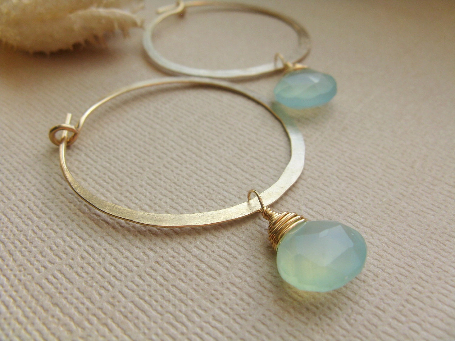 RESERVED FOR JOY - Gold Hoop Earrings with Faceted Aqua Chalcedony Briolettes - Size Small/Medium