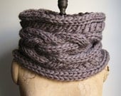Oversized Cable knit cowl Walnut. Infinity scarf Brown.