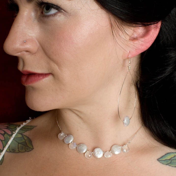 Moonstone and flat coin pearl bridal necklace