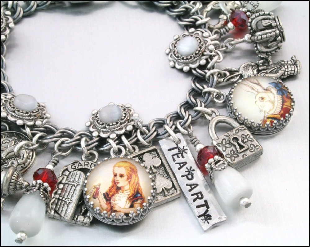 Alice in Wonderland Charm Bracelet, Silver Charm Bracelet, Alice in Wonderland Jewelry