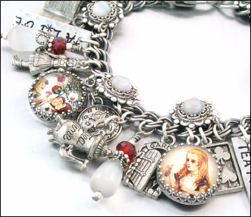 Alice in Wonderland Charm Bracelet, Silver Charm Bracelet, Alice in Wonderland Jewelry