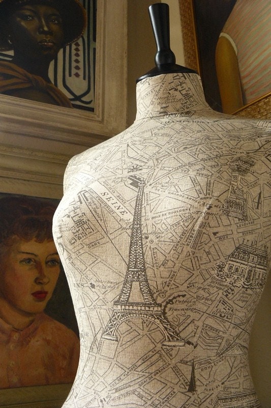 Vintage Print Paris Map Mannequin Dressform Bust