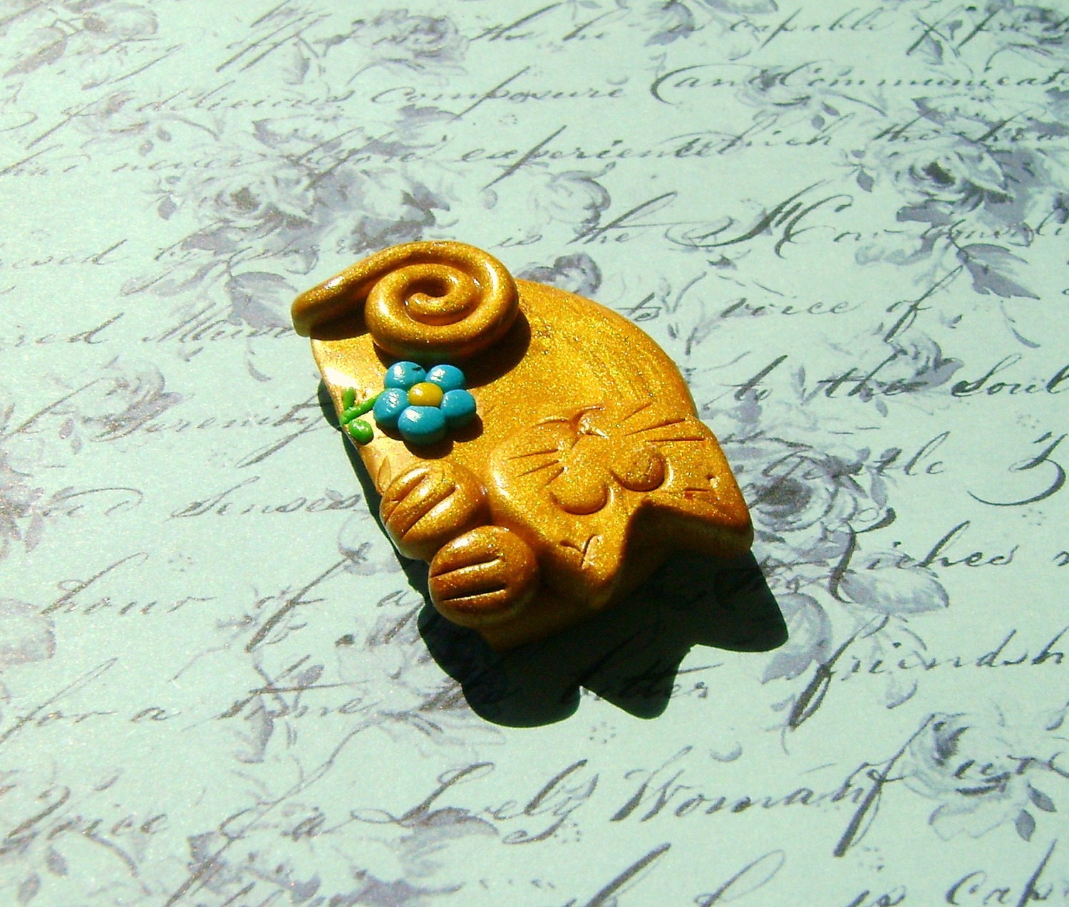 Cat Brooch Or Magnet Fimo Polymer Clay In Gold And Blue