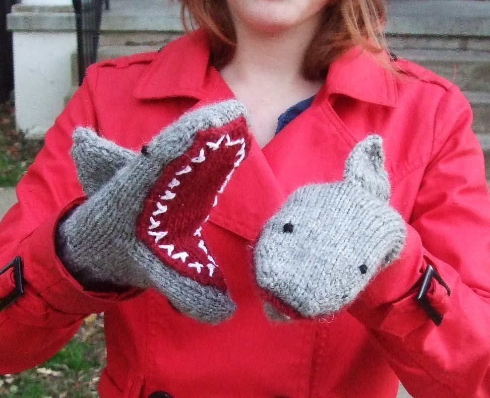 Handknit Shark Mittens--Adult Large