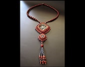 Diamond Rust - OOAK Bead Embroidered, Copper, Dark Blue, Grey and Burgundy Long Beaded Necklace