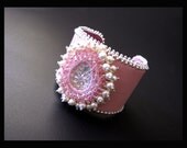 Marie Antoinette - Pink Bead Embroidered Leather Cuff Beaded with Cream Swarovski Crystal Pearls