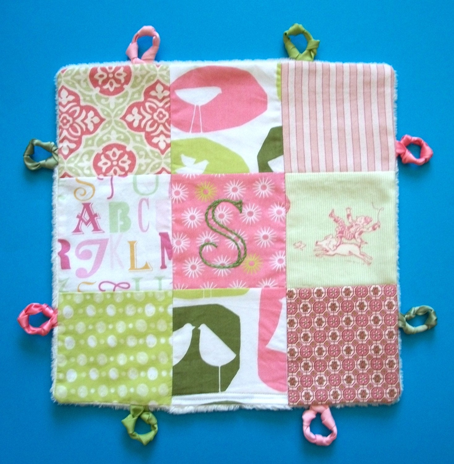 Baby Girl Lovey with Custom Hand Embroidery and  Knotties by Dolce Dreams