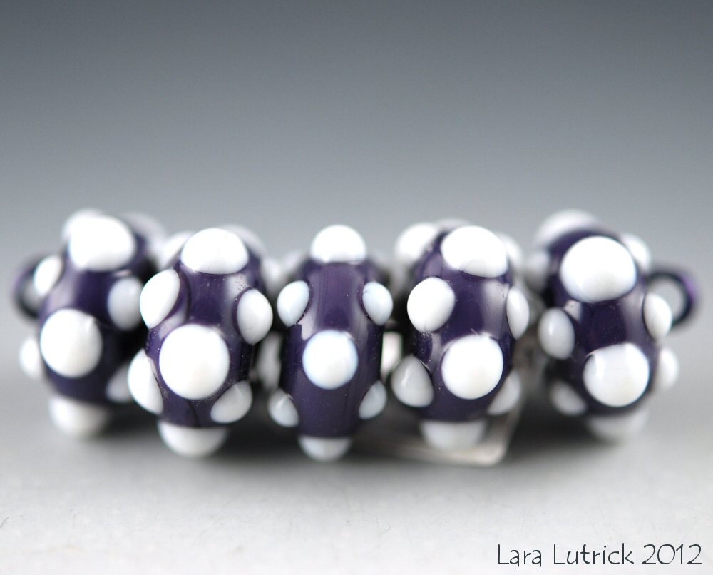 Purple and White Polka Dot Handmade Lampwork Glass Bead Set