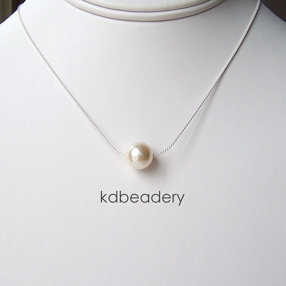 Solo. Swarovski Floating Pearl Necklace. Sterling Silver. Bridal.