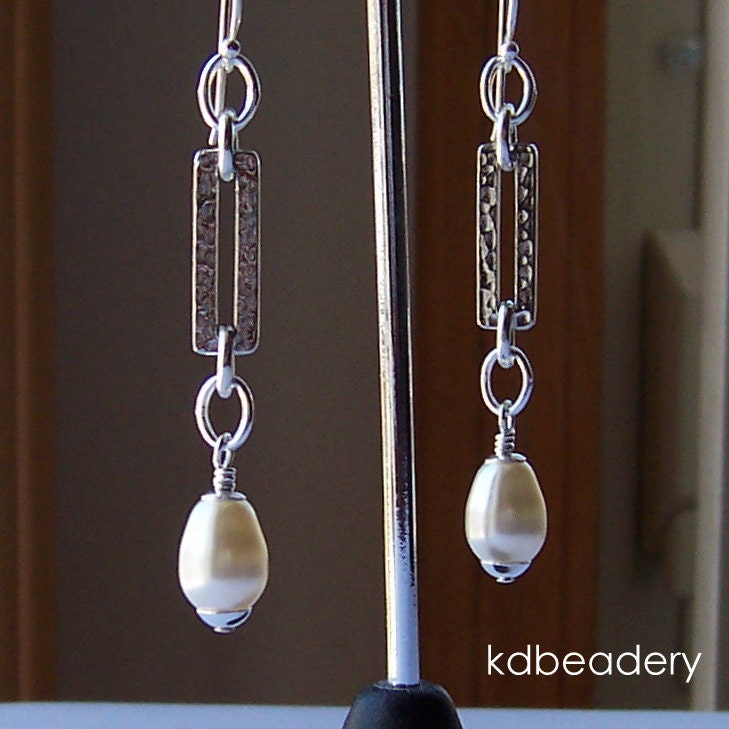 Industrial Elegance. Swarovski Pearl Drop Earrings. Hammered Rectangle Links.