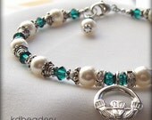 Irish Eyes. Claddagh Bracelet. Swarovski Pearls, Emerald Crystals. Bridal.